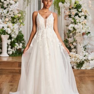 Appliqued Plunging V-neck Spaghetti Straps Wedding Dress Ivory