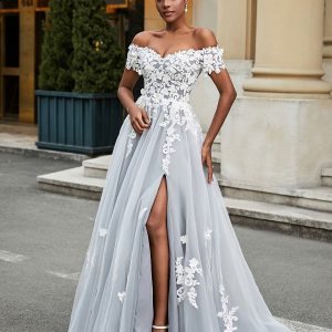 Off-the-shoulder A-line Wedding Dress With Slit Ivory/Grey