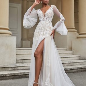 V-Neck A-Line Lace Tulle Wedding Dress As Picture