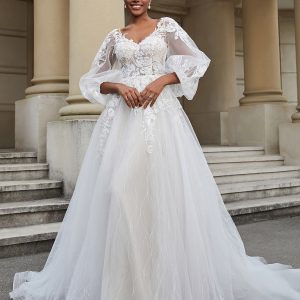 Open Back Long Sleeve Tulle Wedding Dress As Picture